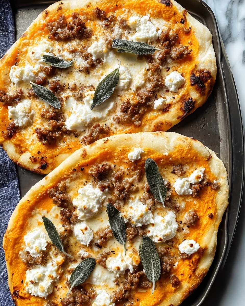 Two round pizzas with thin, golden brown crusts sit side by side on a dark baking tray, placed on a white marbled surface. Each pizza has one base layer of smooth, bright orange sauce spread evenly. The second layer is melted white cheese that appears bubbly and slightly browned in spots. The third layer is browned, crumbled sausage spread over the cheese. Dollops of soft, white ricotta cheese sit scattered on top, with whole sage leaves placed evenly across each pizza, adding a touch of green contrast. Photo taken with an iphone --ar 4:5 --v 7
