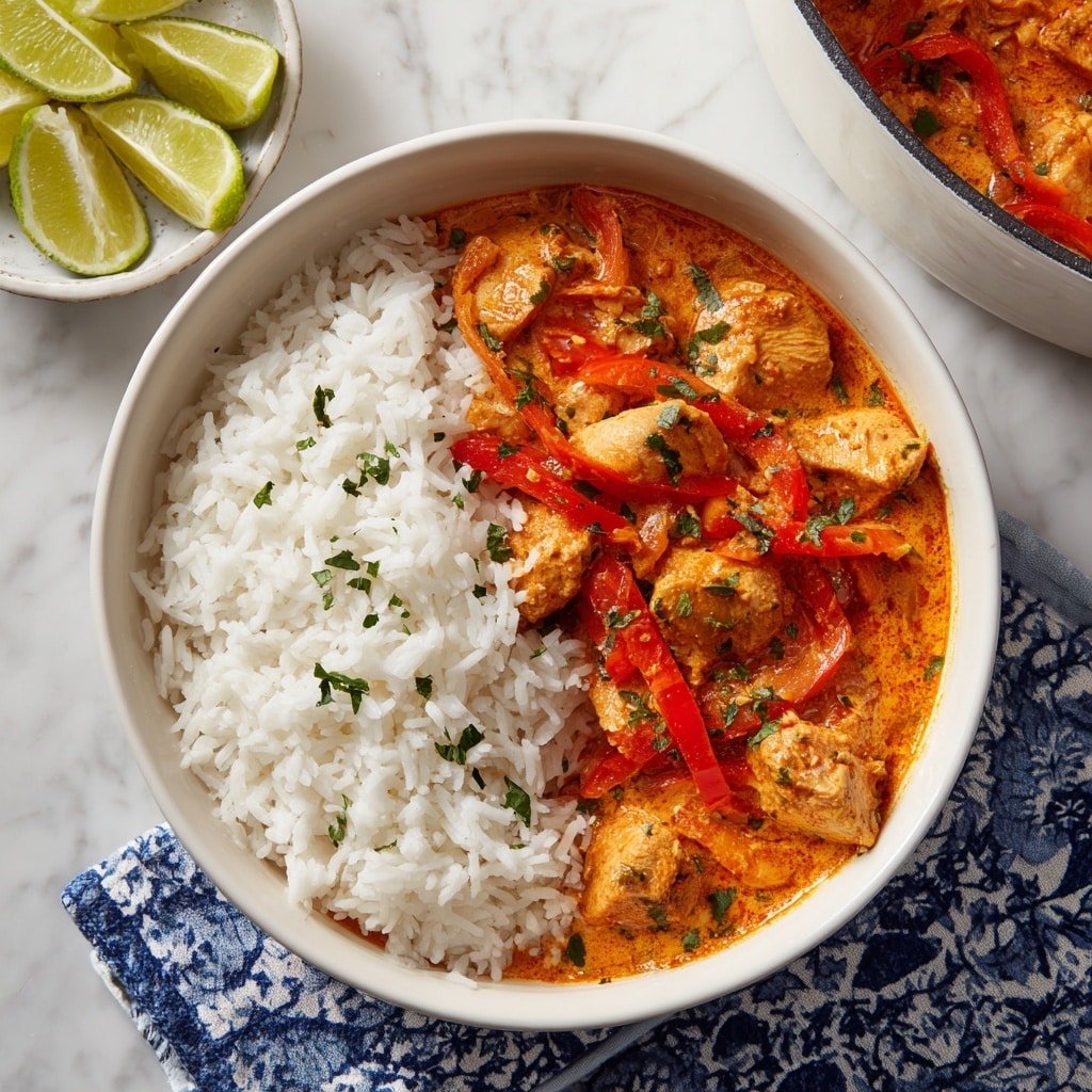 A white bowl sits on a blue and white patterned cloth on a white marbled surface, filled halfway with plain white rice on one side and a creamy orange curry with chunks of chicken and red bell pepper slices on the other side. The curry is garnished with small green herb pieces, and the chicken chunks have a smooth, cooked texture. To the left, there is a white bowl full of white rice and three lime wedges placed nearby. On the right, part of a white pot showing more of the orange curry with chicken and red bell pepper is visible. photo taken with an iphone --ar 4:5 --v 7