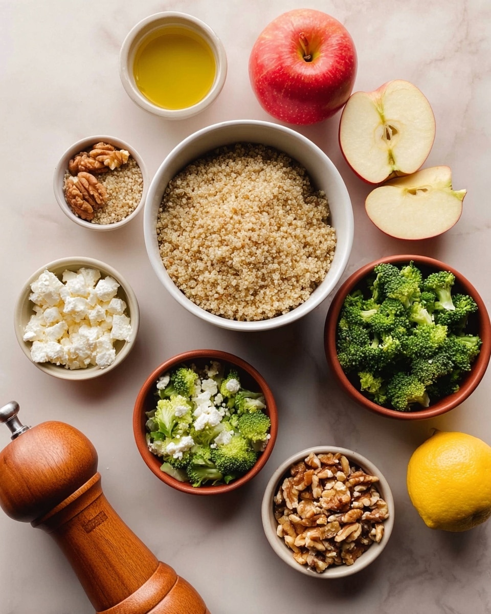 A clear glass bowl filled with a colorful mixed salad sits on a white marbled surface. The salad has several layers including small green broccoli florets, light yellow chopped apples with red skin pieces, white crumbly cheese, pale quinoa, and medium brown walnut pieces scattered on top. A wooden spoon is placed inside the bowl, held by a woman’s hand, ready to mix the ingredients. The overall look is fresh, bright, and textured with a mix of crunchiness and softness. photo taken with an iphone --ar 4:5 --v 7