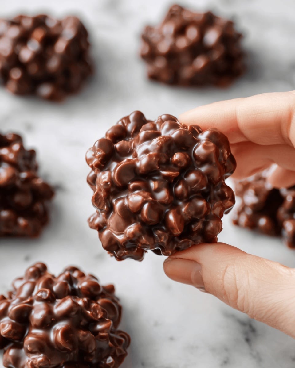 The image shows several small, round clusters of crunchy chocolate treats placed on a white marbled surface. Each cluster is roughly the size of a walnut, with a bumpy texture made from puffed rice cereal coated in glossy, dark brown chocolate. The clusters are spaced out evenly, with slight shadows around them adding depth. The chocolate has a shiny, smooth finish on parts where it pools at the base of each cluster, and the puffed rice pieces give a rough, lumpy look overall. photo taken with an iphone --ar 4:5 --v 7
