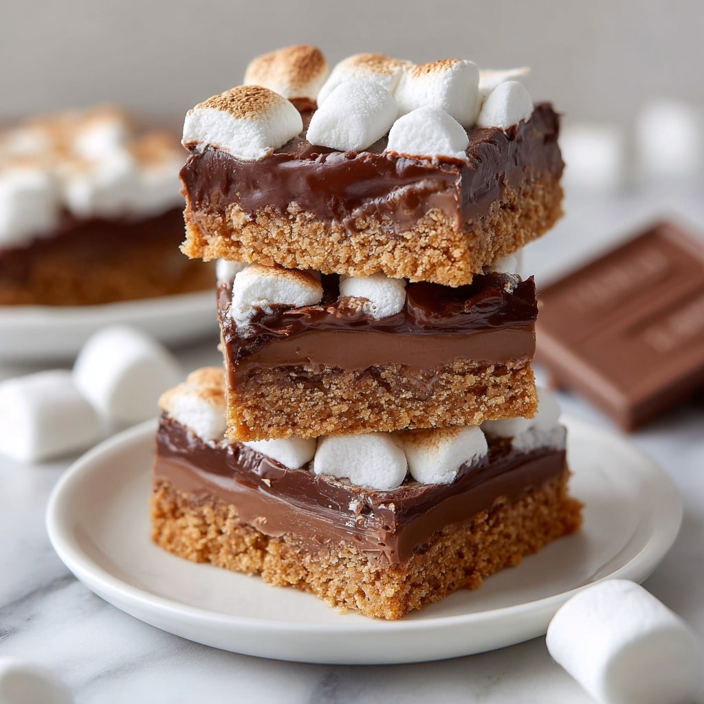 The image shows a close-up of two square treats stacked on top of each other, each having three distinct layers. The bottom layer is a golden-brown, crumbly-looking cookie base. The middle layer is a thick spread of smooth, shiny chocolate. The top layer consists of melted white marshmallows mixed slightly with the chocolate in parts. The treats rest on a white plate placed on a white marbled surface, with some marshmallows and chocolate pieces partially visible around. The photo taken with an iphone --ar 4:5 --v 7