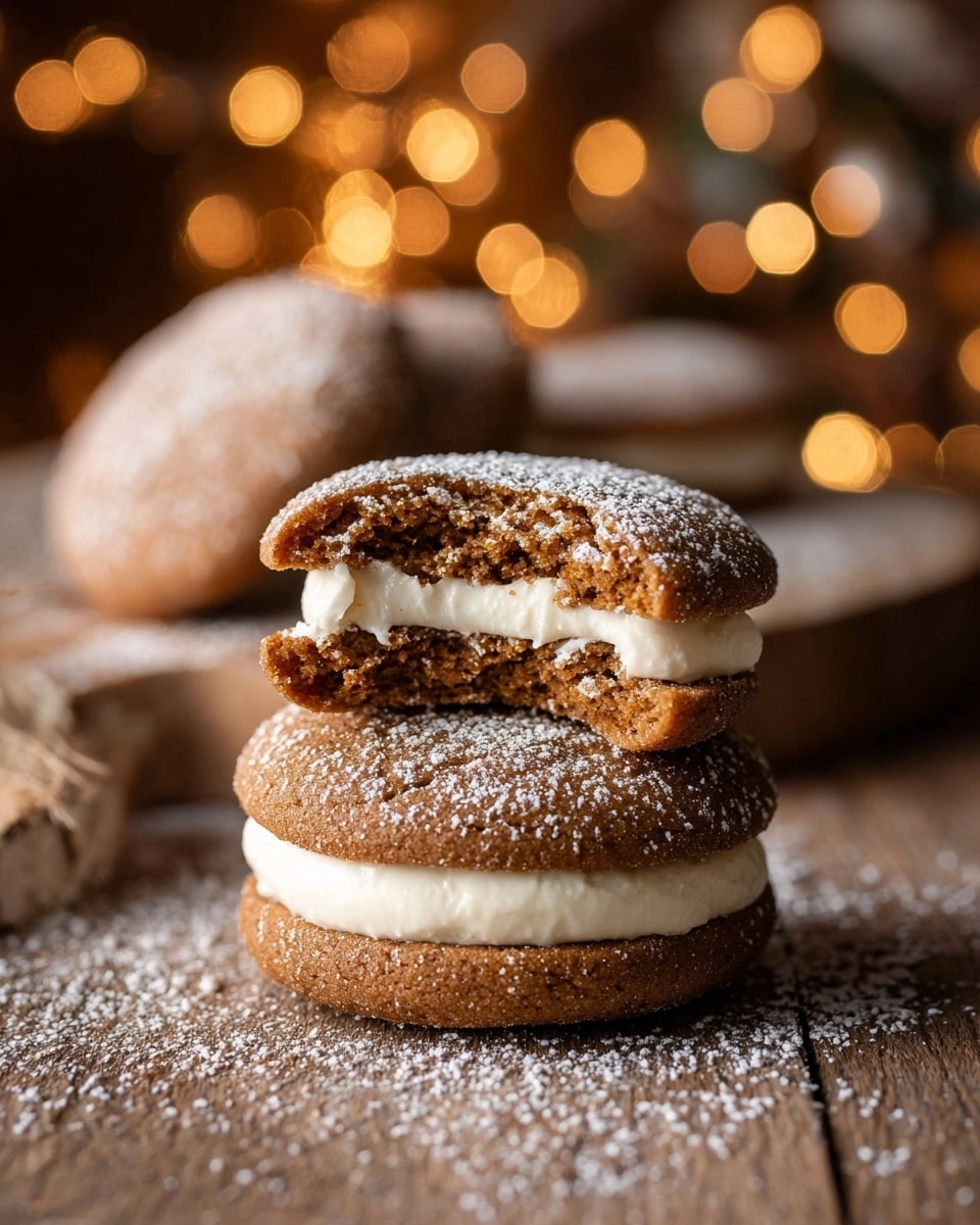 Two soft brown cookies form each sandwich, with a thick layer of white creamy filling in the middle. The top cookie of the upper sandwich is bitten in half, showing the light and fluffy texture inside. A light dusting of powder sugar covers the top of both cookie sandwiches. The sandwiches are on a wooden surface with some powder sugar sprinkled around and blurred warm lights in the background. photo taken with an iphone --ar 4:5 --v 7