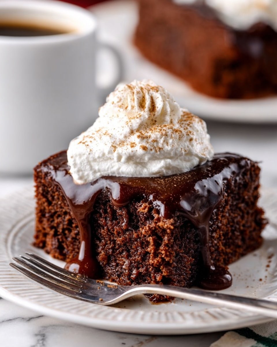A close-up image shows a thick square piece of dark brown chocolate cake with a moist, crumbly texture sitting on a white plate with subtle patterns. The cake is topped with a thick layer of glossy dark chocolate sauce that drips down the sides, pooling slightly on the plate. On top of the chocolate sauce, there is a generous dollop of white whipped cream sprinkled lightly with brown cinnamon powder. A silver fork rests on the left side of the plate. The background is a white marbled texture, and blurred behind the main cake piece is another slice of the same cake and a white cup filled with a dark beverage. Photo taken with an iphone --ar 4:5 --v 7