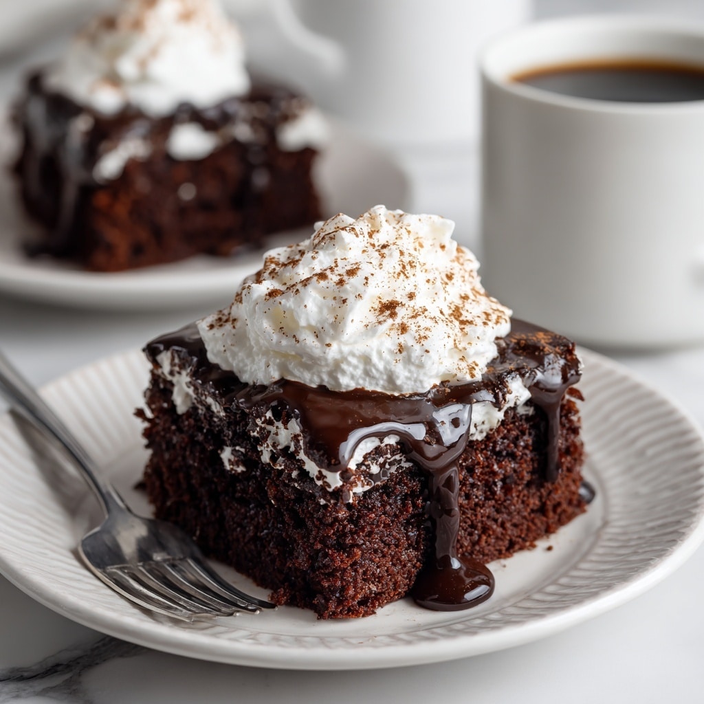 A square piece of moist dark brown cake sits on a white plate with a textured edge, topped with a thick layer of shiny caramel sauce that drips down the sides. On top of the caramel is a generous dollop of white whipped cream sprinkled lightly with brown cinnamon or nutmeg powder. The plate is set on a white marbled textured surface, with a silver fork resting to the side. In the blurred background, another slice of the same dark brown cake and part of a white cup with a golden stripe are visible. Photo taken with an iphone --ar 4:5 --v 7