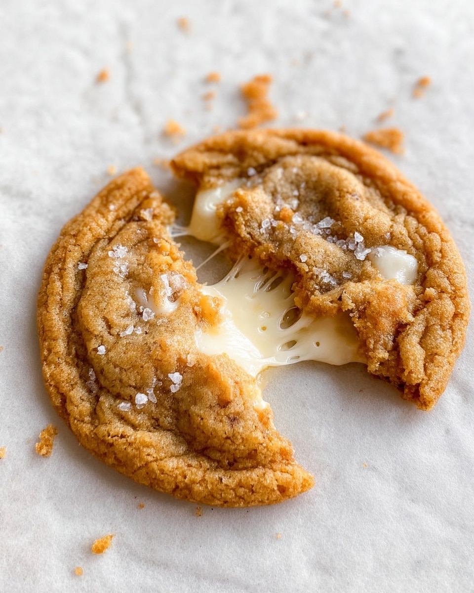 The image shows four round cookies on a baking tray lined with white parchment paper. Each cookie has a golden-brown outer edge with a soft, slightly cracked surface that reveals lighter, gooey white marshmallow parts melted into the dough. The tray is metal with a dark, worn finish and is placed on a white marbled textured surface. The cookies are evenly spaced, with two fully visible, one partially visible on the left, and one barely seen at the top. photo taken with an iphone --ar 4:5 --v 7