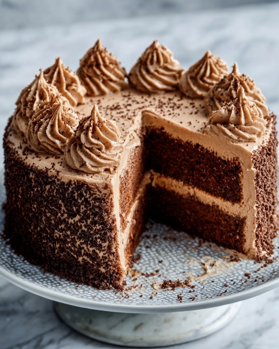 A close-up of a thick slice of layered coffee-colored cake on a white plate, showing three layers of moist cake separated by two layers of smooth, light beige frosting. The top layer is covered with piped swirls of the same frosting and sprinkled with a fine dusting of brown powder. The edges of the cake appear slightly crumbly, and some crumbs are scattered on the plate. The white plate sits on a white marbled surface, with a blurred background including a larger cake that matches the slice. Photo taken with an iphone --ar 4:5 --v 7