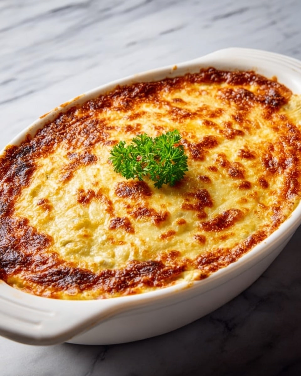 A white plate holds a single slice of corn casserole with a golden brown, slightly crispy cheese layer on top. The inside shows three visible layers: a dense, creamy base with scattered yellow corn kernels and bits of green pepper, followed by a melted cheese layer that is bubbling and browned in spots. A silver fork rests on the plate with a bite-sized piece of the casserole on it. To the right, a white baking dish contains the rest of the casserole, revealing the same layers and textures through a scoop missing from the dish. The setup is placed on a white marbled surface with a white cloth under the baking dish, and a glass of cinnamon drink sits to the upper left. photo taken with an iphone --ar 4:5 --v 7