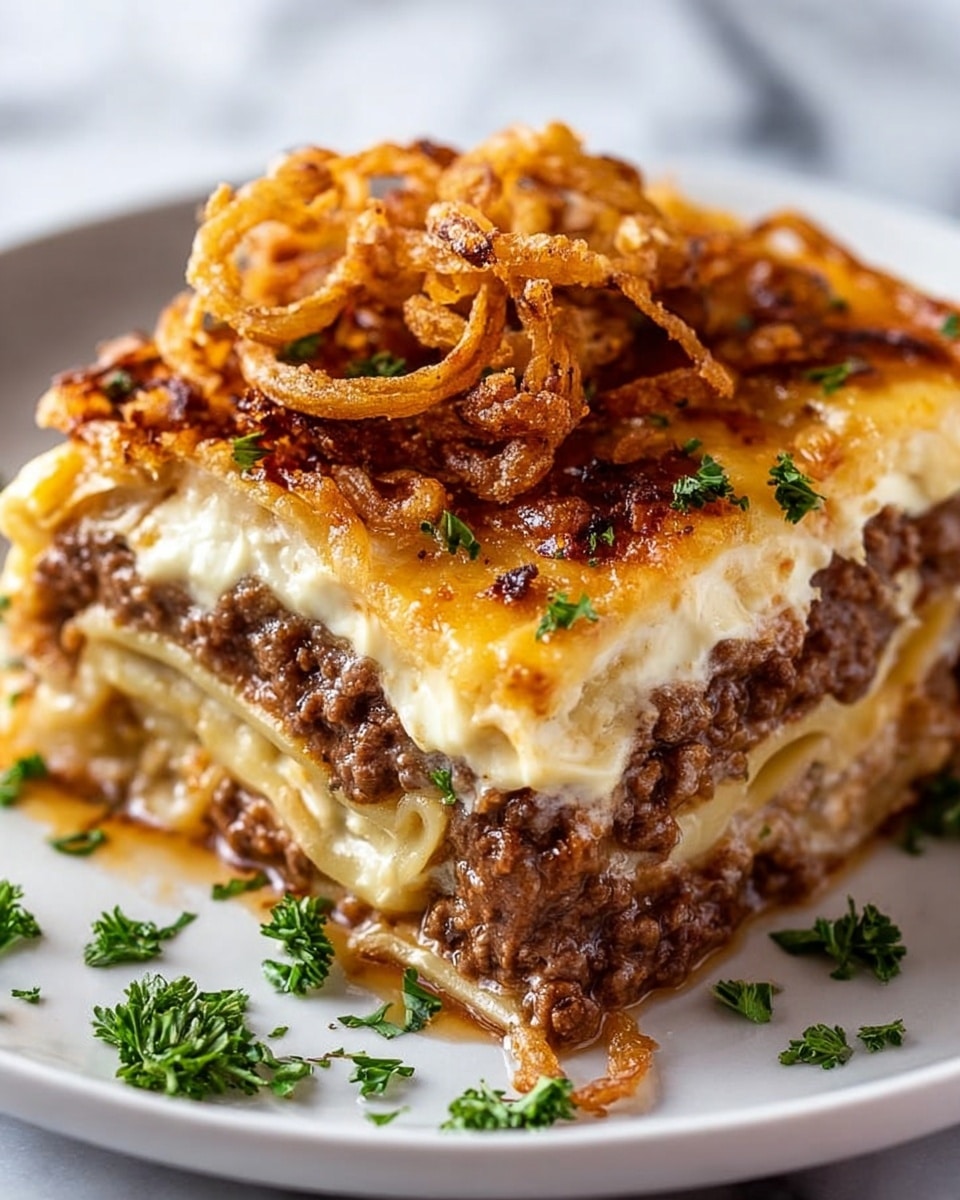 A thick slice of lasagna is shown on a white plate with a white marbled surface underneath. The dish has four visible layers: the bottom layer is pasta and a thick layer of seasoned ground meat in brown color; above that is a pale creamy cheese layer; then another layer of pasta topped with a browned melted cheese layer with crispy golden fried onion strings on top. Small green parsley pieces are sprinkled over the dish and around the plate for garnish. photo taken with an iphone --ar 4:5 --v 7