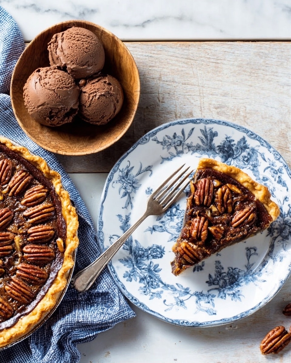 The image shows a slice of a brown chocolate pecan pie on a white plate with blue floral patterns, placed on a white marbled surface. The slice has a glossy, dark chocolate layer on top with whole pecans arranged neatly, displaying a crunchy texture. Next to the slice, there is a silver fork. Below, the whole pie has a thick golden-brown crust with visible pecans and rich chocolate filling. To the left, a wooden bowl holds three dark brown scoops of chocolate ice cream with a smooth but slightly textured surface, and a silver spoon rests beside it on a blue and white checkered cloth. A woman's hand is holding the fork near the plate. The background surface is white marble with subtle gray veins. Photo taken with an iphone --ar 4:5 --v 7