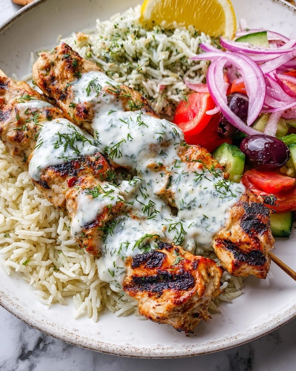 The image shows a white round plate with three grilled chicken skewers at the front, each piece of chicken browned with char marks and topped with a thick white sauce sprinkled with green herbs. Behind the skewers, there is a portion of white rice mixed with green herbs, and a lemon wedge resting on top of the rice. To the right side of the plate, there is a colorful salad made of red onion rings, tomato chunks, dark purple olives, and green cucumber pieces. The plate is placed on a white marbled surface. Photo taken with an iphone --ar 4:5 --v 7