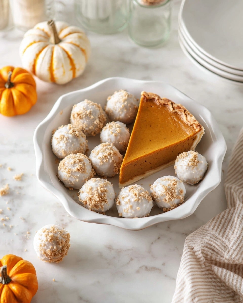 Three round truffles with a smooth white coating are stacked on a small stack of three white plates, placed on a white marbled surface. The truffles are topped with light brown crumbs. One truffle is cut in half and set on top of one whole truffle, showing a dense, crumbly, orange-brown center inside the white shell. In the background, two small decorative pumpkins and a white ruffled bowl holding more truffles are softly blurred, adding warm autumn colors to the scene. photo taken with an iphone --ar 4:5 --v 7