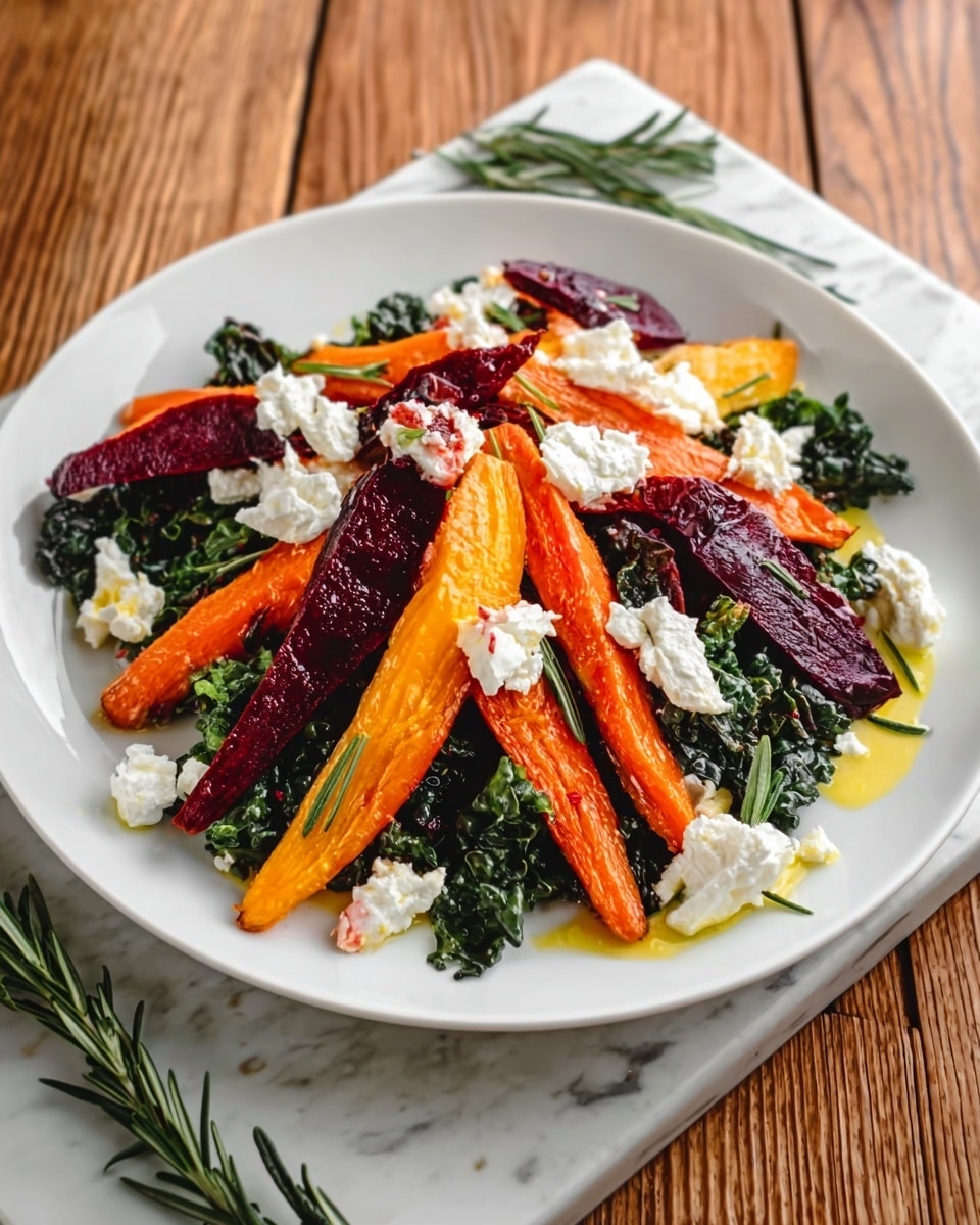 The image shows a white bowl with a textured pattern containing a colorful roasted vegetable salad. There are two long roasted orange carrots placed on top, with slightly wrinkled skin. Beneath the carrots, there are bright orange and deep purple roasted pieces, likely squash and beets, adding vibrant color. Dark green wilted leafy vegetables are scattered throughout the bowl. A small white dollop of creamy cheese or yogurt is on one side, and a sprig of fresh green rosemary sits on top for garnish. A fork with a yellow handle rests in the bowl. In the background, there is a white bowl with a similar salad and a small white jar with oil and rosemary sprigs on a wooden table that now appears as a white marbled surface. photo taken with an iphone --ar 4:5 --v 7