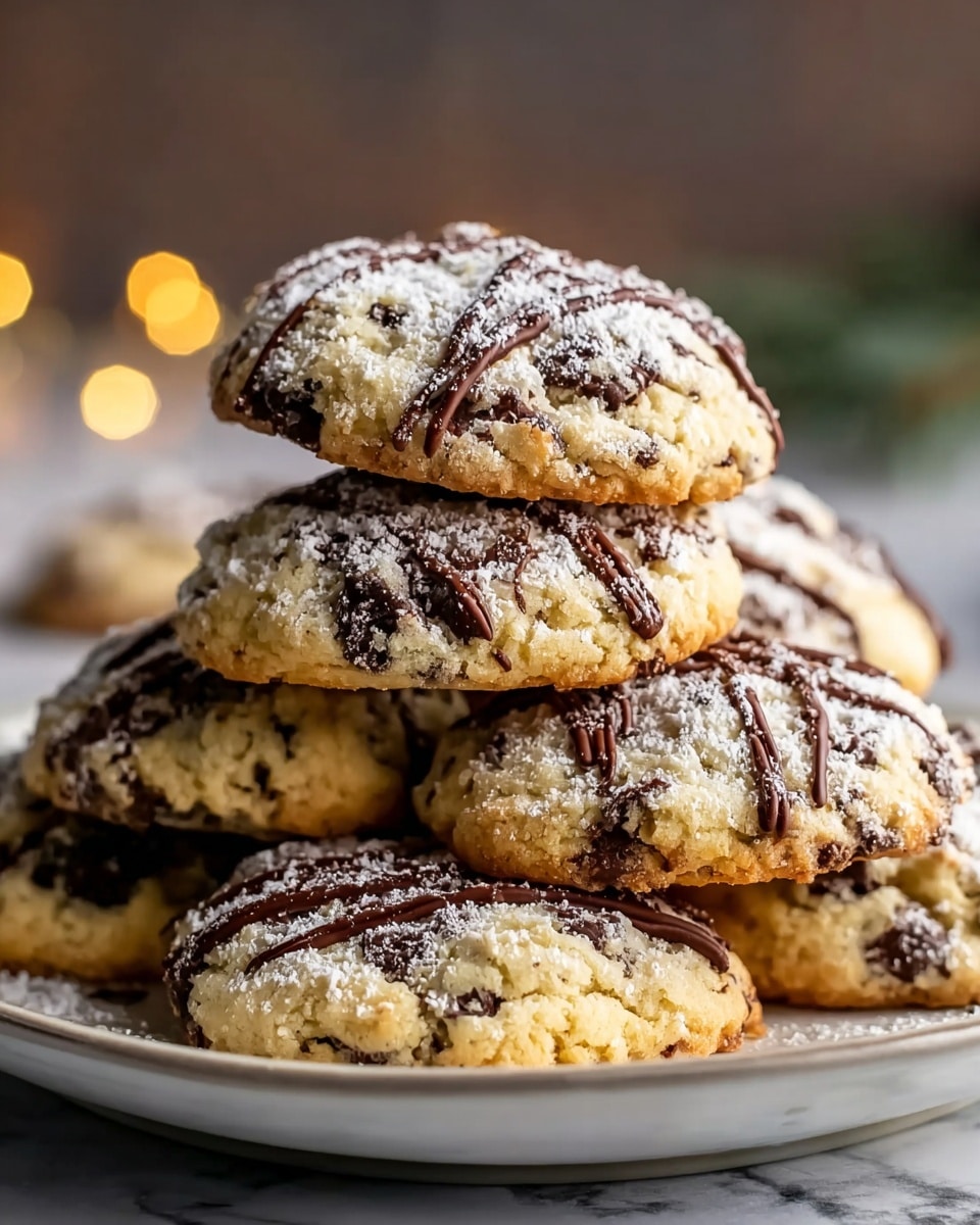A close-up view of soft, round cookies stacked on a white plate, each cookie having a light beige base with visible dark chocolate chips spread inside. The cookies are topped with a drizzle of rich, dark chocolate sauce applied in thin, curved lines, and finished with a sprinkle of white powdered sugar that dusts the tops and plate edges lightly. The background is a white marbled texture, and the cookies appear crumbly with a moist texture. photo taken with an iphone --ar 4:5 --v 7