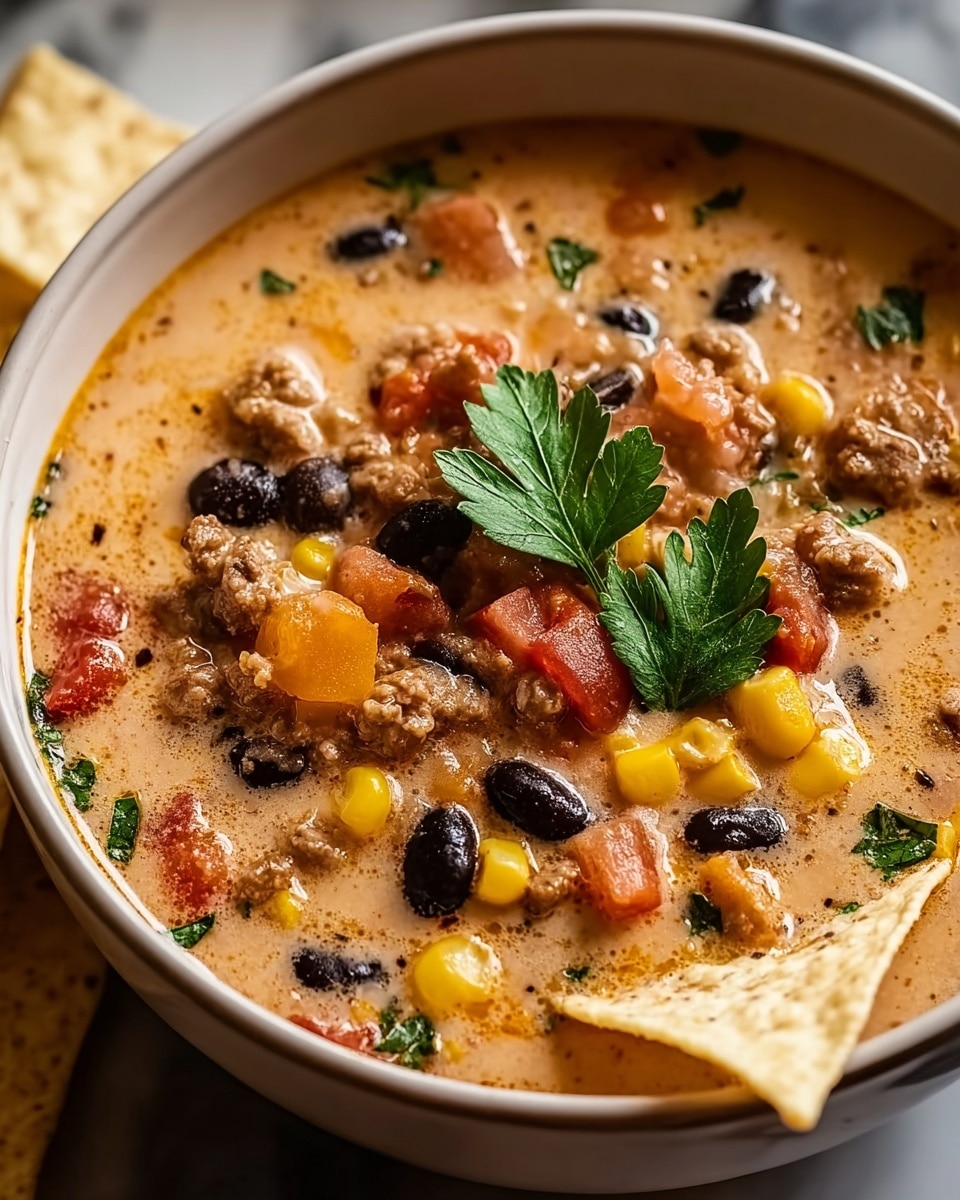 This image shows a creamy soup in a white bowl, filled with layers of chunky ingredients. The base layer is a light tan, creamy liquid. Floating in the soup are orange-red pieces of tomato, bright yellow corn kernels, black beans, and bits of light brown cooked ground meat. A sprig of fresh green parsley sits on top near the center. A white tortilla chip rests on the side of the bowl, partially dipped into the soup. The bowl is placed on a white marbled surface. Photo taken with an iphone --ar 4:5 --v 7