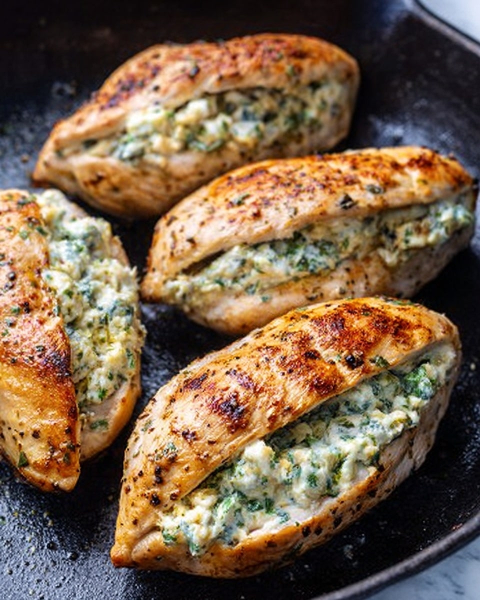 The image shows four stuffed chicken breasts on a black pan. Each chicken breast is golden brown with a slightly crispy, cooked skin. The middle layer of each piece is filled with a creamy mixture of white cheese and small green herbs, which looks soft and rich. The chicken breasts have light grill marks and some scattered black pepper and seasoning on top. The pan surface contrasts with the white marbled texture background that surrounds it. Photo taken with an iphone --ar 4:5 --v 7