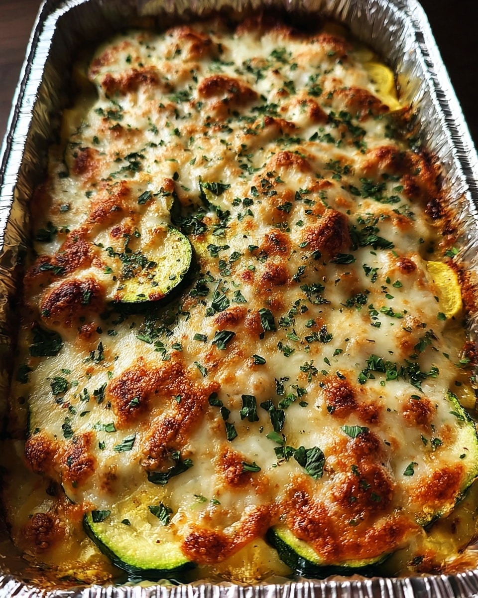 A baked dish in a white foil tray shows a top layer of melted, browned cheese with green herbs sprinkled all over. Below this top layer, slices of zucchini and chunks of chicken are visible, partially covered by the cheese, creating a mix of white, green, and golden brown colors with a slightly bubbly and crispy texture on the surface. The tray is placed on a white marbled texture background. Photo taken with an iphone --ar 4:5 --v 7