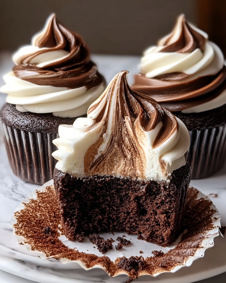 A metal muffin tin holds six white paper cupcake liners filled with a dark brown, shiny liquid chocolate batter. A spoon above the front liner drizzles thick, glossy chocolate into it, creating a smooth, reflective surface of flowing chocolate. The background is softly blurred with a white marbled texture below the tin, highlighting the rich texture and color of the chocolate. photo taken with an iphone --ar 4:5 --v 7