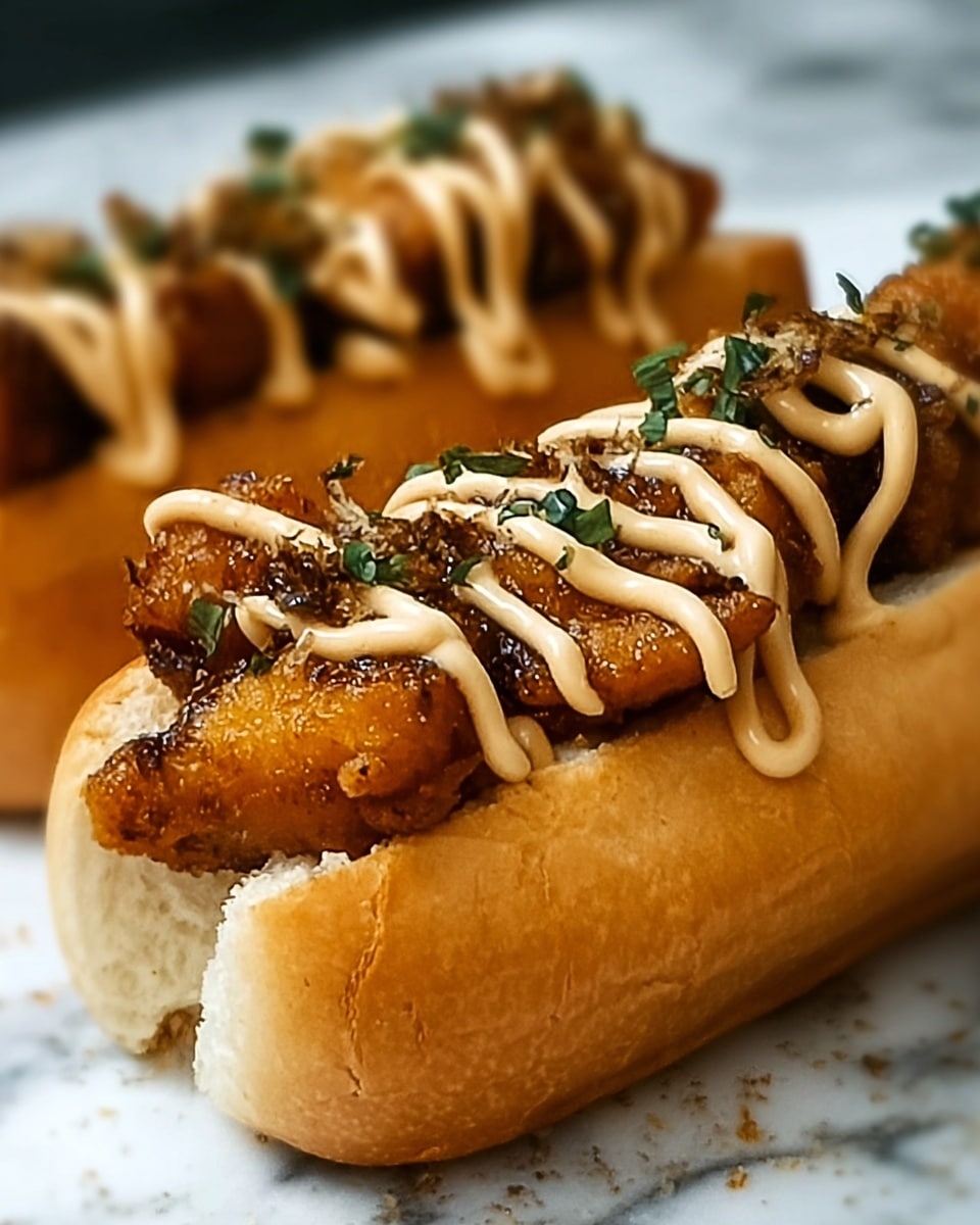 Two sandwiches on a white marbled surface, each with a soft, light brown bread roll as the base. Inside the rolls, there is a layer of crispy, golden-brown fried pieces coated with a dark, slightly oily seasoning. Over the fried pieces, a light beige creamy sauce is drizzled in a zigzag pattern. Small bits of green herbs are sprinkled on top of the fried layer, adding a touch of color. The close-up angle highlights the texture of the fried pieces and the smooth sauce. Photo taken with an iphone --ar 4:5 --v 7