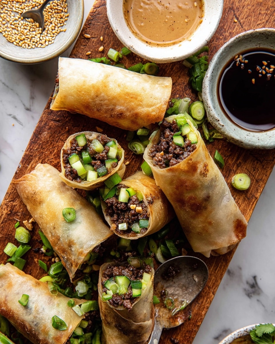 The image shows several spring rolls cut in half and whole, placed on a wooden board over a white marbled surface. Each spring roll has a thin, slightly crispy, golden-brown wrapper as the outer layer. Inside, there are three main layers: dark brown cooked ground meat at the top, followed by small bright green cucumber pieces and light green herbs mixed with chopped peanuts, giving a fresh and crunchy texture. Green scallions are also sprinkled on and around the rolls. Two white bowls sit nearby, one holding a light brown sesame sauce with sesame seeds, and the other with a dark soy-like sauce, adding contrast. A spoon with some sauce is placed on the wooden board beside the rolls. Photo taken with an iphone --ar 4:5 --v 7