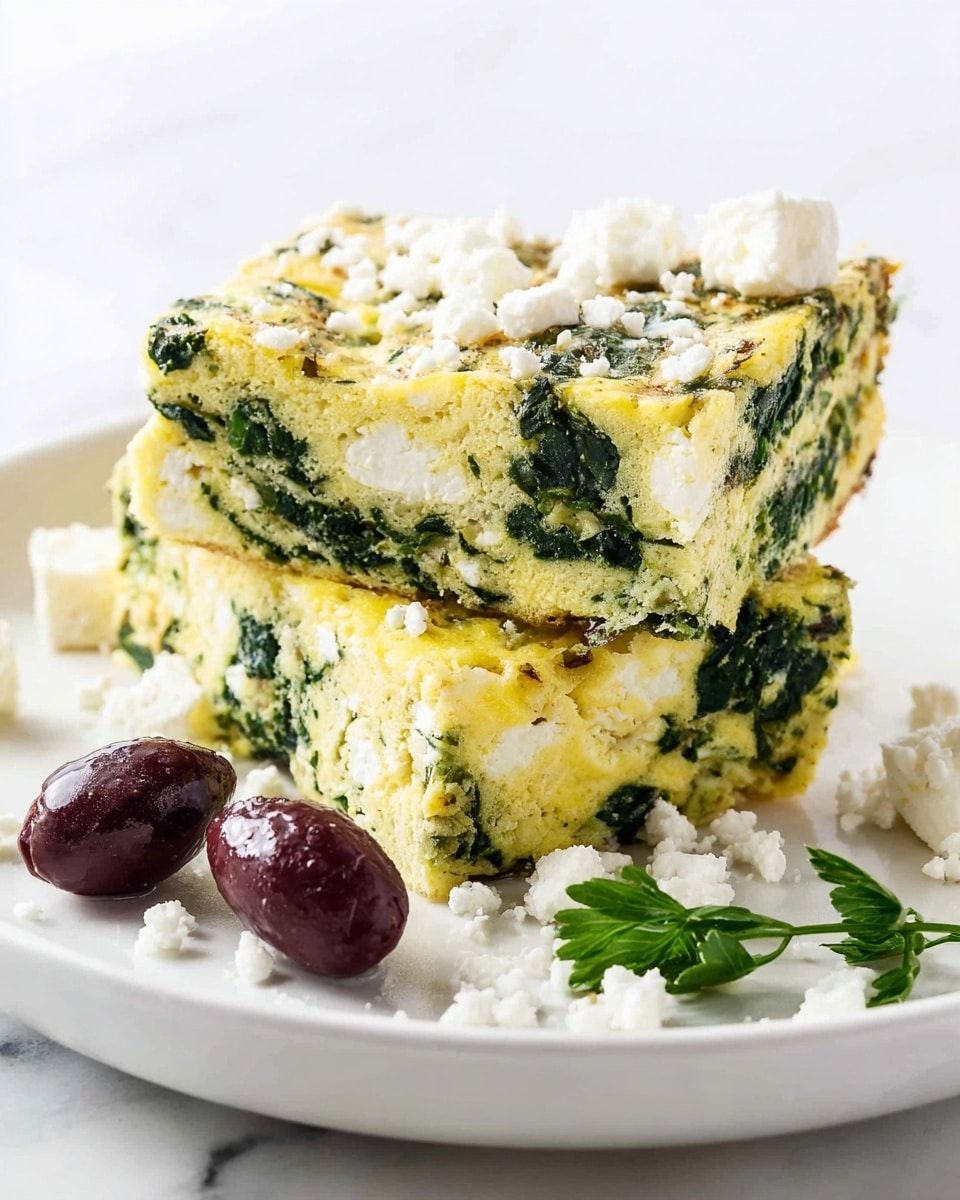 Two thick layers of spinach and egg frittata are stacked on a white plate with a white marbled surface. The bottom layer is pale yellow with green spinach leaves mixed throughout, showing a soft, fluffy texture. The top layer is similar, with more visible spinach and a slightly browned edge. White crumbled cheese is scattered over both the frittata and the plate, adding a textured contrast. To the side, three dark purple olives create a rich color contrast. A few green herb sprigs add a fresh touch next to the frittata. Photo taken with an iphone --ar 4:5 --v 7