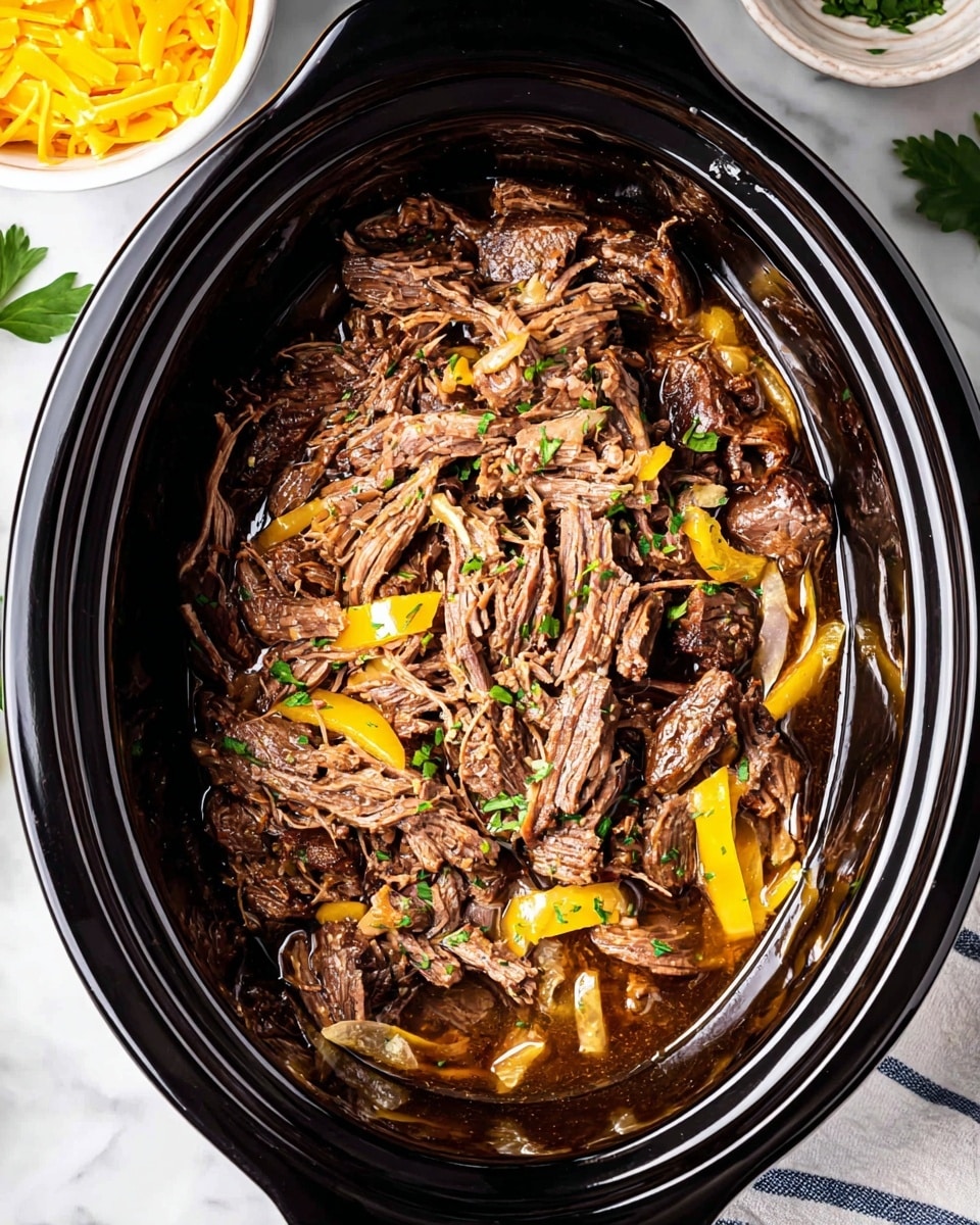 Inside a black slow cooker, there is a single layer of shredded, tender beef mixed with light brown cooked onion slices and small yellow pepper pieces, all resting in a bit of dark brown cooking juice. The beef is dark brown with textures showing its softness, and small green parsley bits are sprinkled evenly on top. This is set on a white marbled surface, with part of a white bowl of yellow shredded cheese and a white and blue striped cloth visible in the corners. photo taken with an iphone --ar 4:5 --v 7