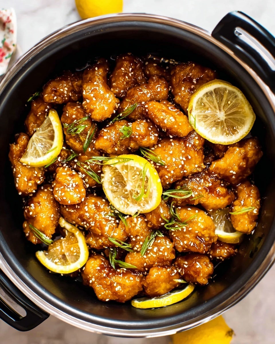 A close-up top view of a black cooking pot filled with many pieces of golden brown fried chicken coated in a shiny glaze, garnished with thinly sliced lemon pieces and small green herb bits like chopped spring onions or cilantro scattered evenly on top. The glazed chicken pieces look crispy with a slightly rough texture, and there are white sesame seeds sprinkled lightly for extra detail. The pot is set on a white marbled surface with lemon slices around it. Photo taken with an iphone --ar 4:5 --v 7