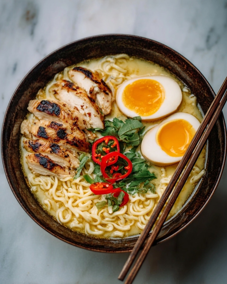 A white bowl filled with creamy light brown broth and curly yellow noodles sitting in it. On one side, there are thick slices of grilled chicken with dark grill marks, arranged neatly in a row. Next to the chicken, there is a pile of bright green chopped scallions. Near the scallions, there are small pieces of crispy fried toppings in orange color. A wedge of lime with a light green color rests on the edge of the bowl. The bowl sits on a white marbled surface. photo taken with an iphone --ar 4:5 --v 7