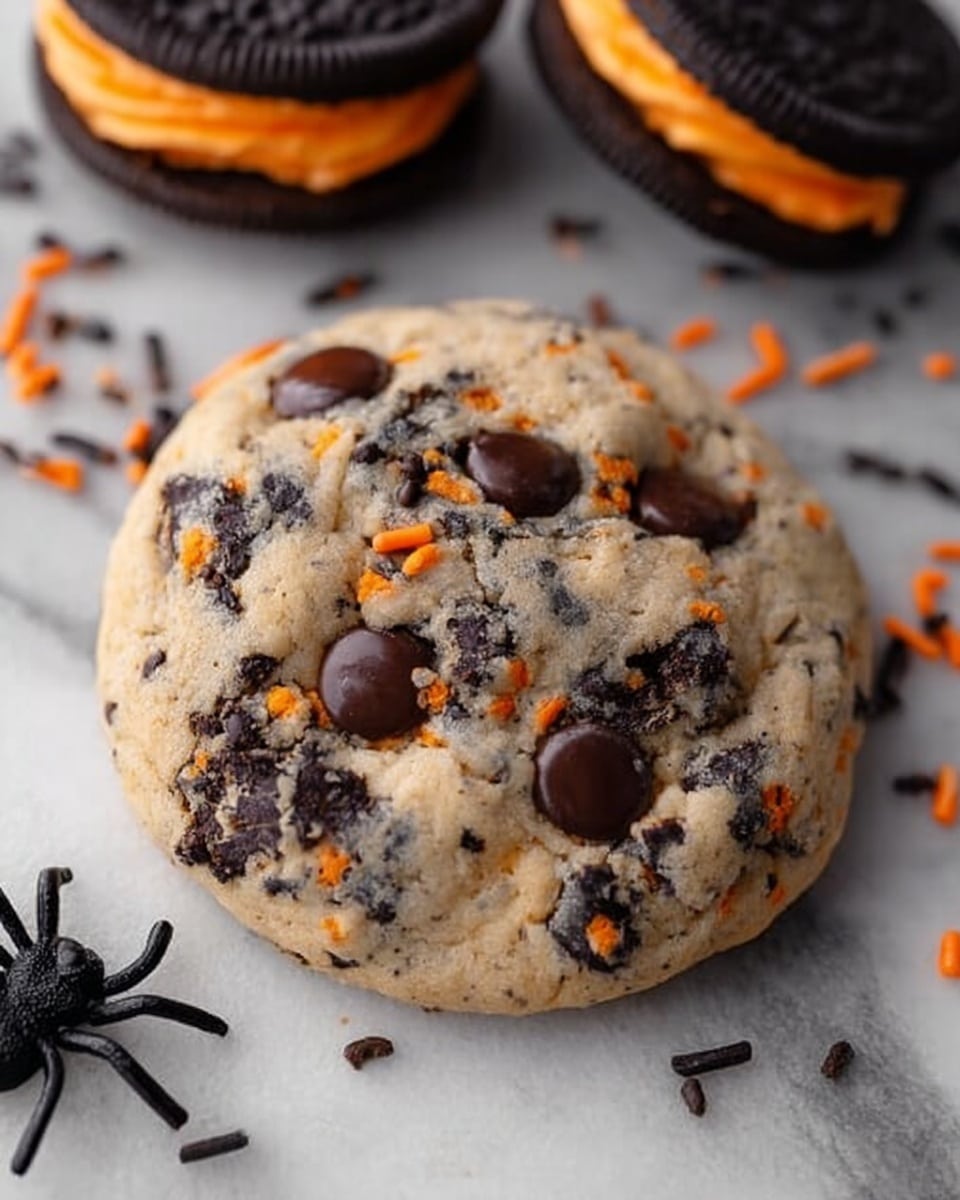 A thick, round cookie with a light beige dough is studded with large, glossy dark chocolate chips and small orange and black sprinkles scattered throughout. Behind the cookie, two sandwich cookies with dark chocolate wafers and bright orange cream filling are partly visible, one of them with a bite taken out. A black plastic spider lies near the cookie. All items are placed on a white marbled surface. Photo taken with an iphone --ar 4:5 --v 7