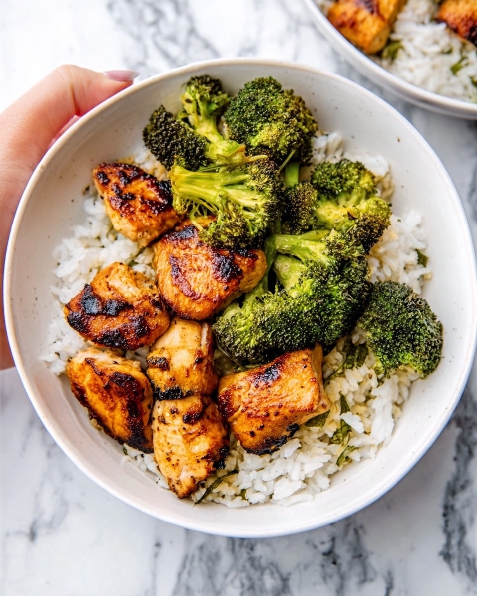 The image shows a white bowl filled with a layer of white rice as the base. On top of the rice, there are several pieces of grilled chicken with a slightly charred, golden-brown texture. Nestled among the chicken pieces are bright green broccoli florets, which look fresh and tender. The bowl is set on a white marbled surface, and part of a white plate with a similar meal is visible in the top left corner. A woman's hand is partially visible holding the bowl from the left side. Photo taken with an iphone --ar 4:5 --v 7