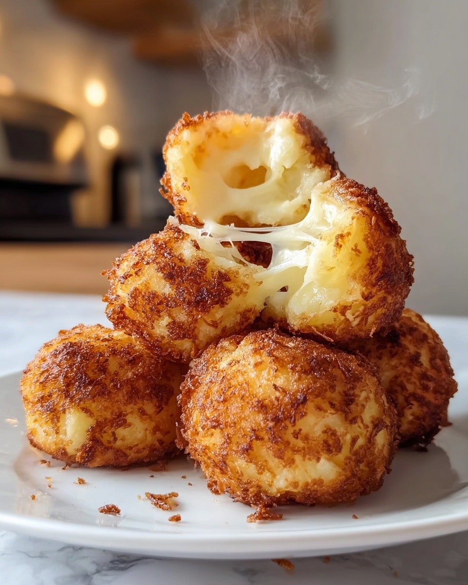 A white plate holds a pile of round, golden-brown cheese balls with a crispy textured outside and small bits of toasted cheese on top, sprinkled lightly with parsley. One cheese ball near the front is broken open, showing a smooth, creamy, and gooey white cheese center inside. The background is a soft white marbled texture, giving a clean and bright look to the image. photo taken with an iphone --ar 4:5 --v 7