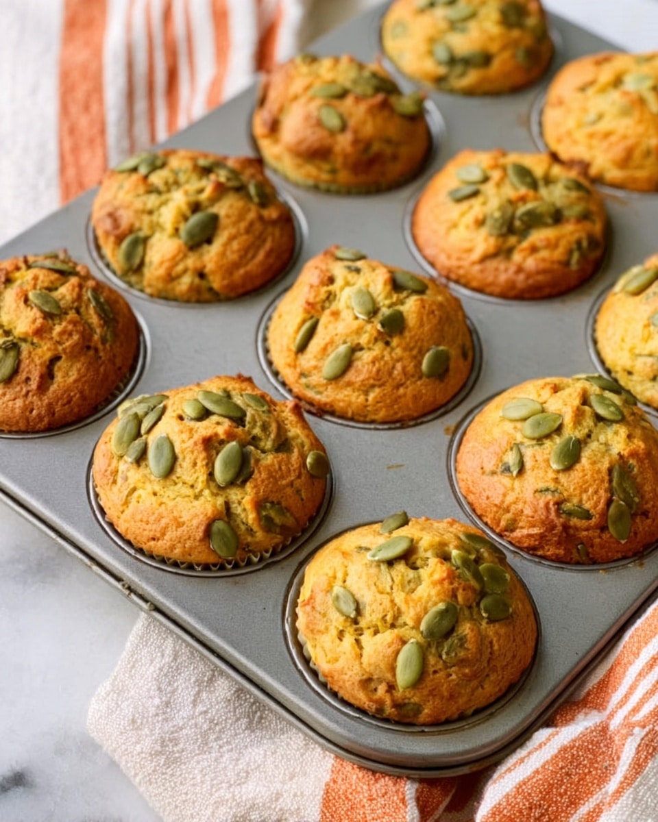 The image shows a group of four golden-brown muffins with a slightly cracked top, each decorated with green pumpkin seeds on top. They sit on a silver tray with a subtle embossed pattern, placed on a white patterned plate underneath. The background is soft and out of focus, with faint hints of peach and white colors. A woman's hand is reaching toward one of the muffins from the left side. The surface beneath everything is a white marbled texture. The lighting is soft and natural, highlighting the warm, fresh look of the muffins. Photo taken with an iphone --ar 4:5 --v 7