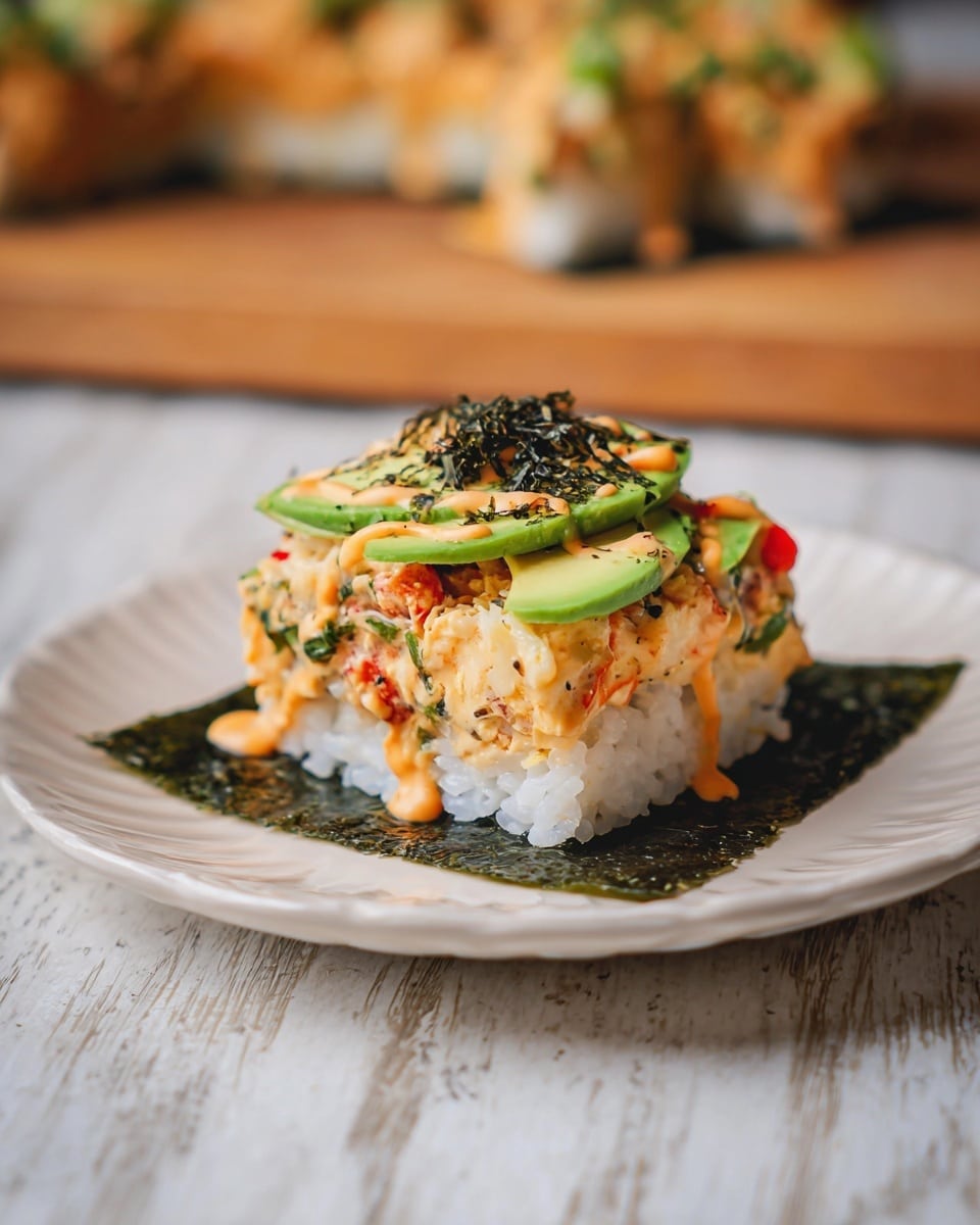 The dish in a white rectangular baking dish has two main visible layers: the bottom layer is white rice, and the top layer is a creamy, orange-pink mixture with a rough texture, likely containing crab or seafood. This top layer is decorated with small green chopped scallions, black sesame seeds, and small black seaweed flakes. There are thin orange streaks of sauce drizzled evenly across the top. A section is scooped out, showing the rice below. The dish rests on a wooden board with a stack of white scalloped bowls nearby on a white marbled surface. Photo taken with an iphone --ar 4:5 --v 7