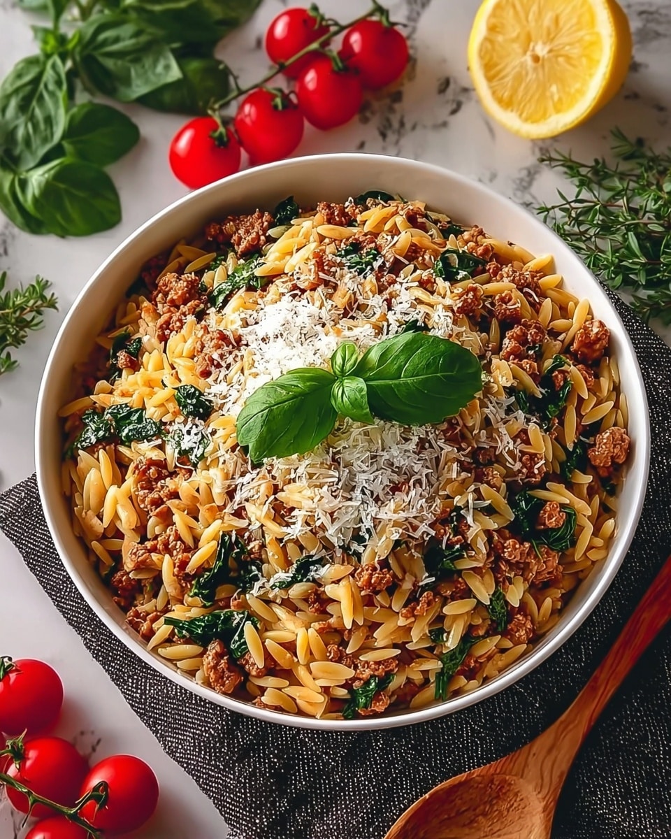 A close-up view of a bowl filled with three main layers: the base is made of small, golden-brown orzo pasta with a shiny texture, mixed evenly with small pieces of browned ground meat and wilted dark green spinach leaves, scattered bright red cherry tomatoes add color contrast throughout. The top layer is sprinkled with freshly grated white cheese being gently poured from above, creating a fine dusting, and the dish is finished with a small cluster of fresh green basil leaves at the center, all placed inside a white bowl on a white marbled surface with a halved lemon and some green leaves in the soft-focus background. Photo taken with an iphone --ar 4:5 --v 7