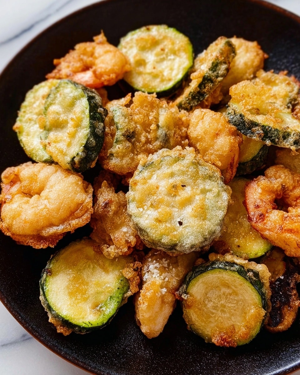 The image shows a close-up of a black plate filled with a mix of golden brown fried pieces. There are several round slices of zucchini with a light, crispy batter covering a greenish-yellow center visible through the frying. Alongside the zucchini, there are small fried shrimp with a light golden coating and some pieces of battered mushrooms, which have a rough and uneven texture. The plate rests on a wooden surface. photo taken with an iphone --ar 4:5 --v 7
