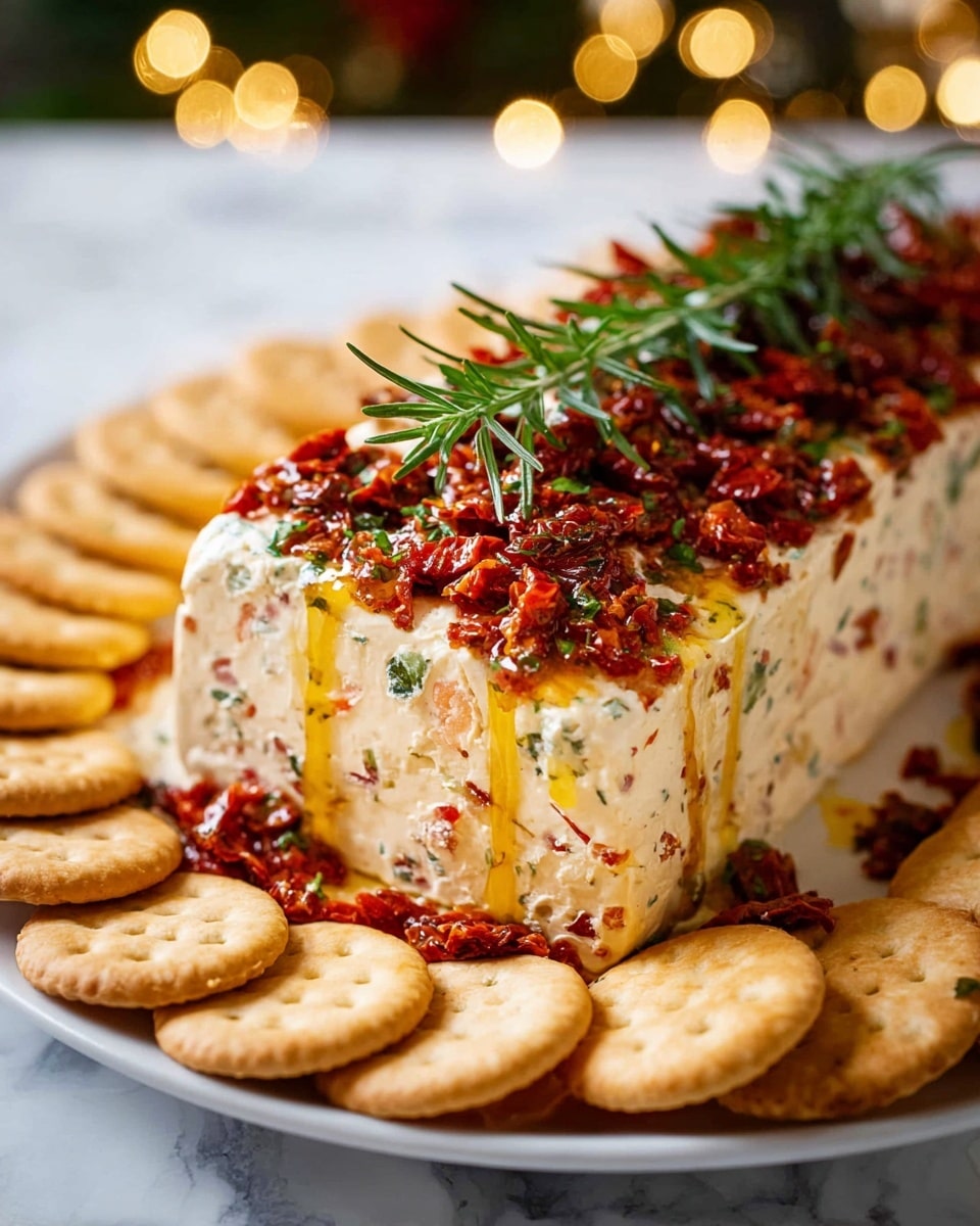 A rectangular block of white cream cheese mixed with visible pieces of red sun-dried tomatoes and green herbs is placed on a wooden cutting board, topped with a thick layer of finely chopped sun-dried tomatoes mixed with small orange bits and green rosemary sprigs. Surrounding the cheese are several green olives and fresh rosemary branches. In the background, a stack of round golden crackers is presented on a white plate, with a white bowl of cherry tomatoes blurred further behind. The whole setup rests on a white marbled texture surface. photo taken with an iphone --ar 4:5 --v 7