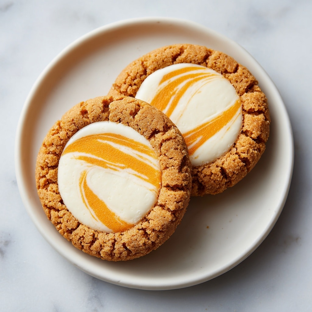 The image shows several small round cookies arranged closely on a white plate placed on a white marbled surface. Each cookie has two main layers: the outer ring is a textured golden-brown cookie base with slight cracks on the edges, and the inner part is a creamy white filling with a smooth surface that has an orange swirl pattern gently curving through the center. A few cookie crumbs are scattered around on the marble background. Photo taken with an iphone --ar 4:5 --v 7