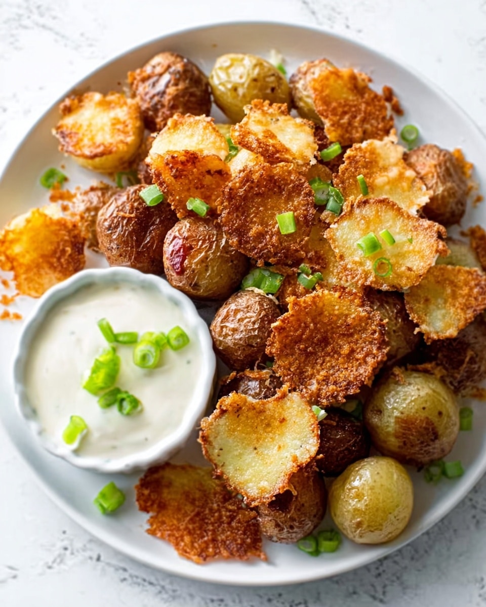 A white plate is filled with small roasted potatoes that have crispy, golden brown cheese chips attached to them. The potatoes are light brown with a rough texture, while the cheese chips are thin, crunchy, and browned with some darker spots. There are small green onion slices scattered on top for a touch of color. On the side of the plate, there is a small white bowl with creamy white dipping sauce, garnished with more green onion slices. The dish is arranged on a white marbled surface, showing a mix of soft potatoes and crisp cheese. photo taken with an iphone --ar 4:5 --v 7