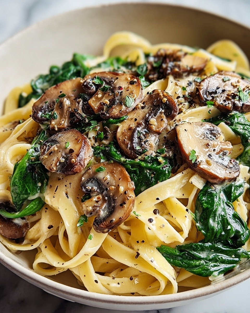 A close-up view of creamy pasta served in a white bowl on a white marbled surface, showing three main layers: the base layer is tender, light yellow fettuccine noodles twisted neatly, the middle layer features bright green spinach leaves scattered evenly throughout, and the top layer consists of browned, sliced mushrooms with a slight glaze, sprinkled generously with black pepper and small green herb bits, creating a textured look. photo taken with an iphone --ar 4:5 --v 7