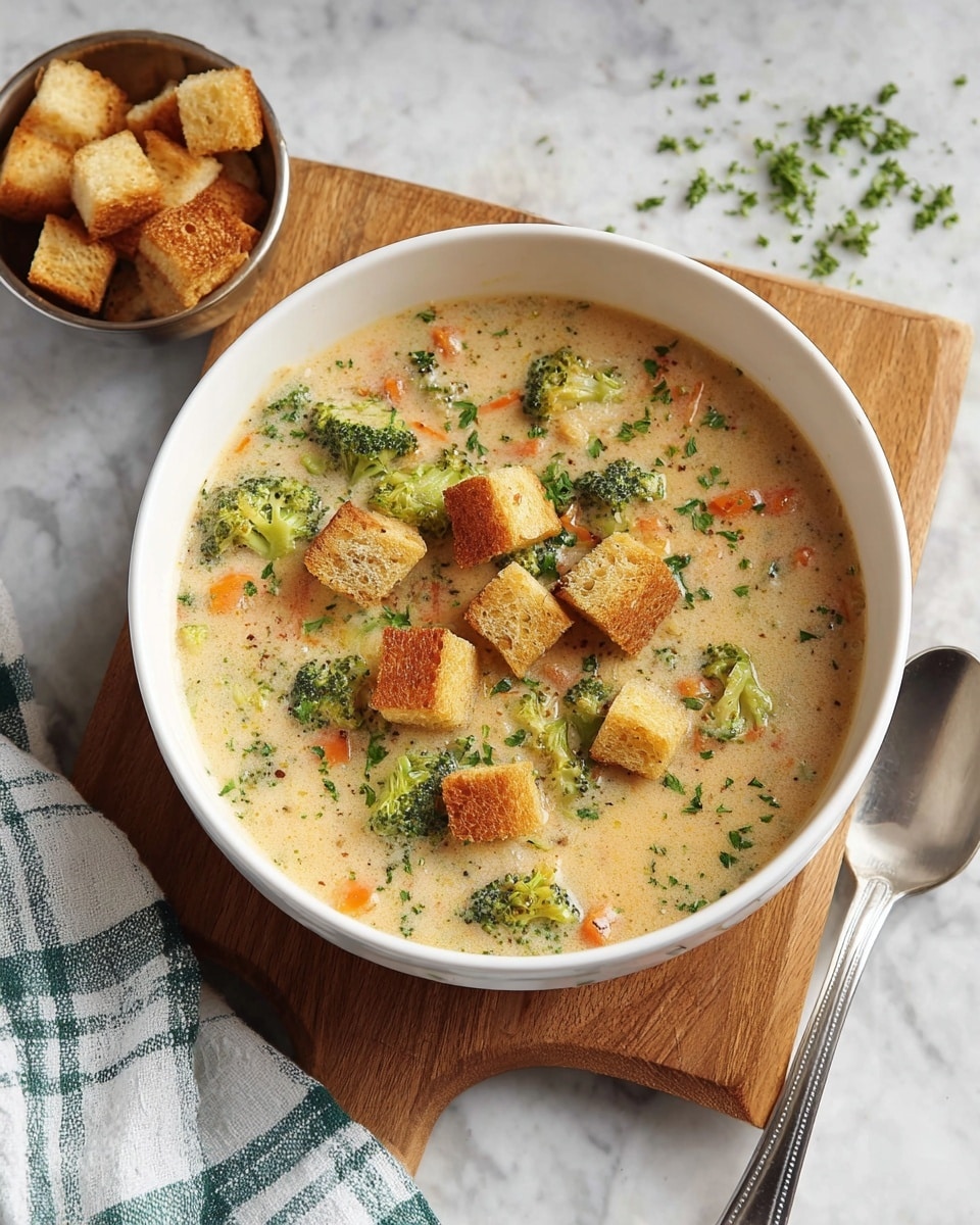 A large white bowl filled with creamy soup showing a thick, pale yellow broth dotted with green broccoli florets and small orange carrot pieces, topped with golden-brown crunchy croutons sprinkled with chopped green herbs. A silver spoon inside the bowl holds a spoonful of the soup with visible broccoli and carrots. In the background, a small white bowl with extra golden croutons sits on a white marbled surface, along with a white cloth with green stripes. The scene is well-lit with soft natural light, highlighting textures of the soup and croutons. photo taken with an iphone --ar 4:5 --v 7