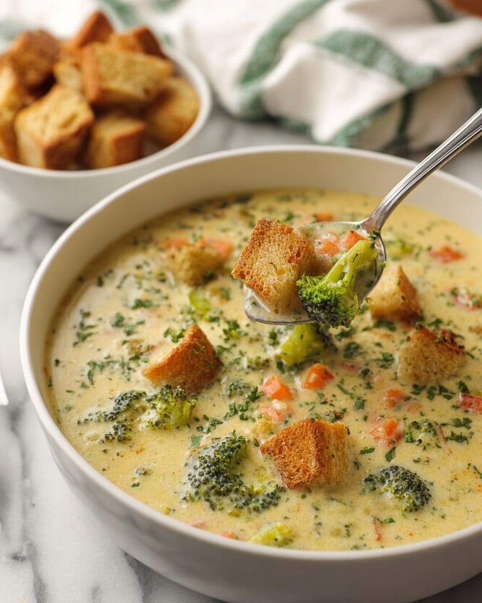A white bowl filled with creamy soup showing visible small broccoli florets, orange carrot strips, and finely chopped green herbs evenly mixed in a light beige broth. On top, golden brown croutons are scattered, garnished with fresh chopped parsley. The bowl is placed on a wooden board with a white marbled surface beneath, with a small silver bowl of extra croutons and a white and green checkered cloth in the background. A silver spoon rests nearby, completing the simple, cozy setup. Photo taken with an iphone --ar 4:5 --v 7