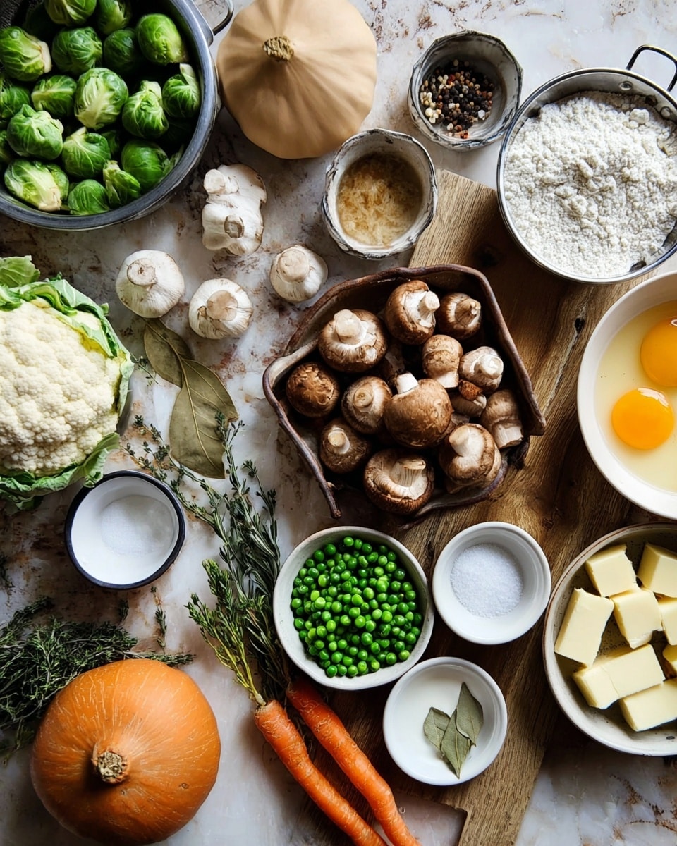 A single pot pie sits in a white ceramic ramekin on a dark round plate, with its golden brown top crust slightly cracked open to reveal a colorful filling of orange sweet potatoes, dark mushrooms, and green peas, with a silver spoon partially inserted inside. Next to the pot pie on the plate is a fresh mix of leafy greens in various shades of green and purple. The scene is set against a white marbled textured surface with two more whole pot pies visible in the background and a tray of roasted vegetables to the side. photo taken with an iphone --ar 4:5 --v 7