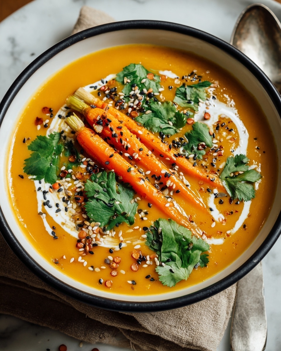 A bowl of smooth orange soup fills a white bowl with a black rim. On top, there are three long pieces of bright orange carrot sticking up, sprinkled with a mix of white and black sesame seeds. Green cilantro leaves are spread across the soup, adding a fresh look. Small red lentils dot the surface, and a swirl of creamy white sauce circles part of the bowl. The soup is served on a white marbled textured surface with a silver spoon resting beside the bowl. Photo taken with an iphone --ar 4:5 --v 7