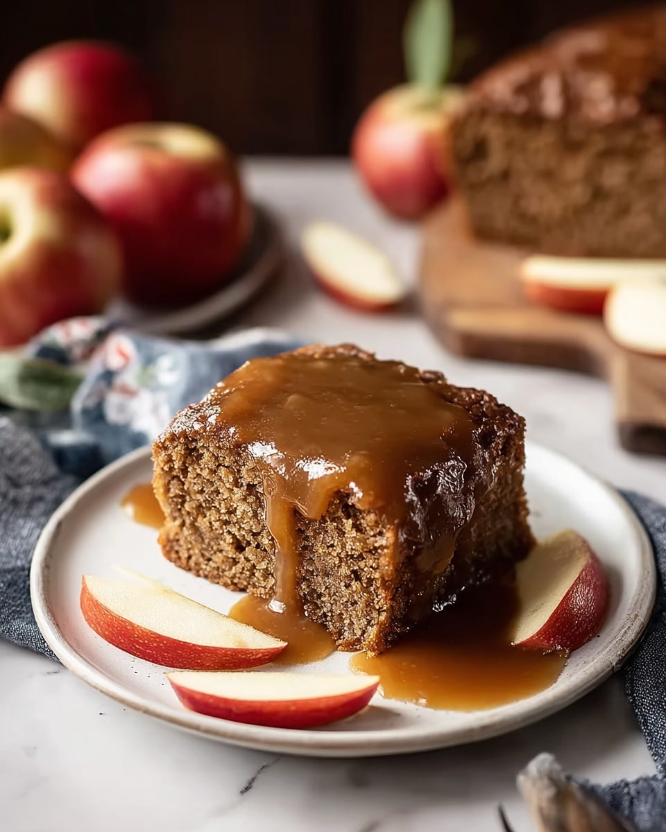 A single square slice of dense, textured brown cake sits in the center of a white plate, topped with a shiny, thick layer of brown sauce that drips slightly down the sides. Around the cake slice are several small wedges of fresh apple with reddish skin and white flesh, arranged casually. The plate rests on a white marbled surface, and in the background, blurred whole apples and a loaf of cake are visible, adding a warm and cozy feel. photo taken with an iphone --ar 4:5 --v 7