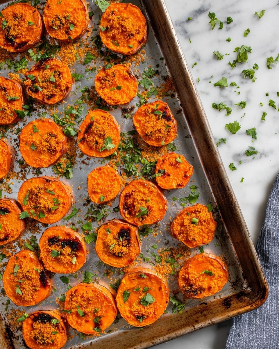 The image shows a baking tray filled with many round, thick slices of roasted sweet potatoes that have a bright orange color with some dark, slightly burnt edges. Each slice is topped with a golden, crispy layer of seasoning or crumb, adding texture to the surface. Green chopped cilantro leaves are scattered on top of the sweet potatoes and around the tray, giving a fresh contrast to the warm colors. The tray sits on a white marbled surface, making the colors of the food stand out vividly. photo taken with an iphone --ar 4:5 --v 7