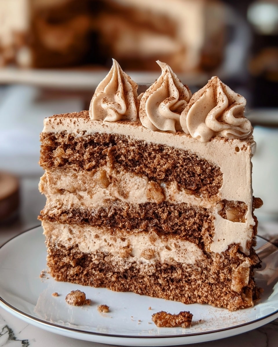 A close-up of a three-layer cake slice on a white plate with a silver rim, showing moist brown cake layers filled and topped with light brown creamy frosting. The bottom layer is dense and smooth, the middle layer is crumbly with some chunks inside, and the top layer looks spongy with small holes. Between each cake layer is a smooth, thick light brown frosting, and the top is decorated with swirled dollops of the same frosting dusted with brown powder. Some crumbs are scattered at the bottom on the plate. The background has a white marbled texture and blurred parts of the whole cake behind it. Photo taken with an iphone --ar 4:5 --v 7