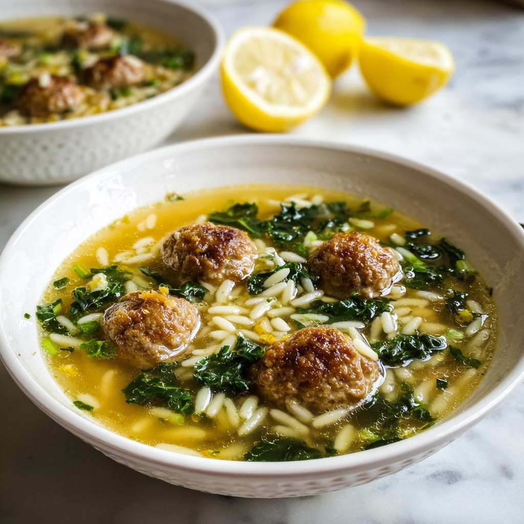 The image shows a bowl of soup filled with several meatballs that are brown and textured, floating in a golden broth mixed with white beans, green kale pieces, and small rice-like pasta pieces. Surrounding the meatballs, the broth is shiny and slightly oily, giving it a warm and hearty look. Behind the bowl, there is a white bowl with more meatballs and two half lemon slices placed on a white marbled surface, adding freshness to the scene. The bowl is mostly filled with the soup, showing a clear layering of meatballs on top, vegetables, and broth underneath. The photo taken with an iphone --ar 4:5 --v 7
