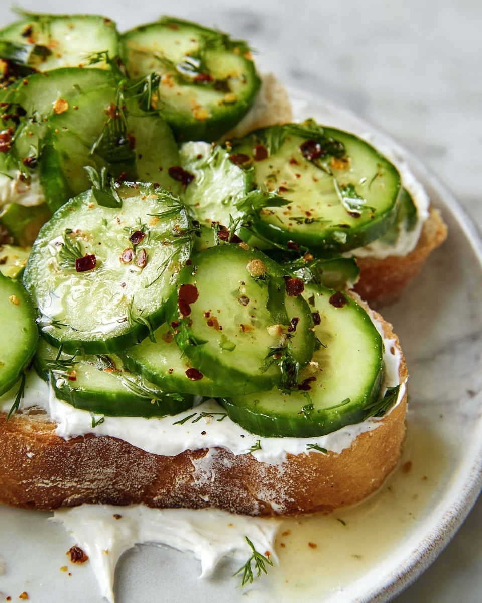 A close-up of a sandwich with three layers, starting with a slice of light brown, crusty bread at the bottom, topped with a creamy white spread, and then a thick layer of bright green cucumber slices arranged unevenly, some overlapping, with small specks of red seasoning and bits of dark green herbs scattered on top. The sandwich is placed on a white plate with a creamy spread dripping slightly on the side, all set on a white marbled surface. photo taken with an iphone --ar 4:5 --v 7