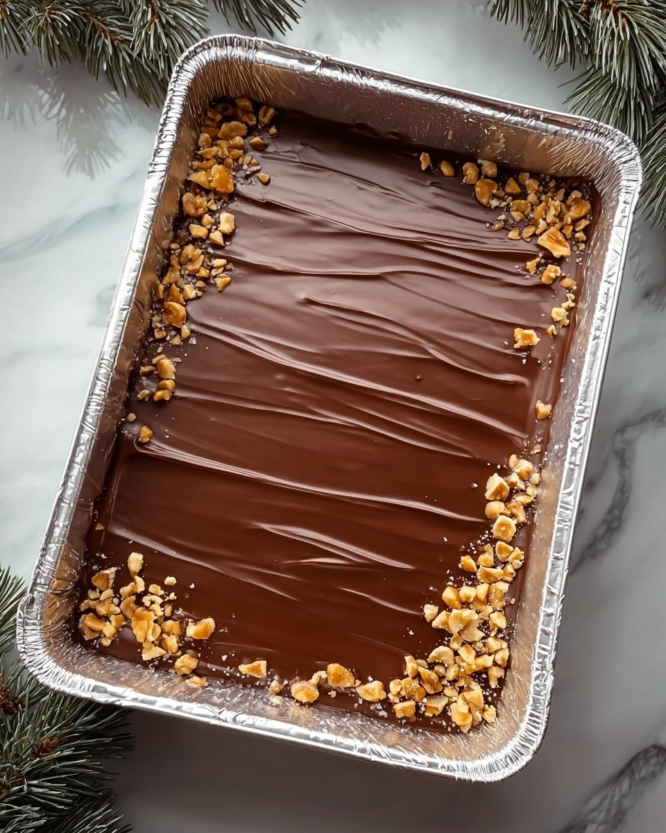 The image shows three pieces of a sweet treat stacked on a white plate over a white marbled surface. Each piece has three layers: the bottom is a light beige, crunchy-looking base with bits of nuts or oats, the middle layer is a smooth, thick caramel of a golden brown color, and the top layer is a shiny, smooth chocolate coating scattered with small pieces of walnuts. More walnut pieces are sprinkled around the plate. The background is softly blurred with festive red and white candy canes and red ornaments, giving a cozy holiday feel. Photo taken with an iphone --ar 4:5 --v 7