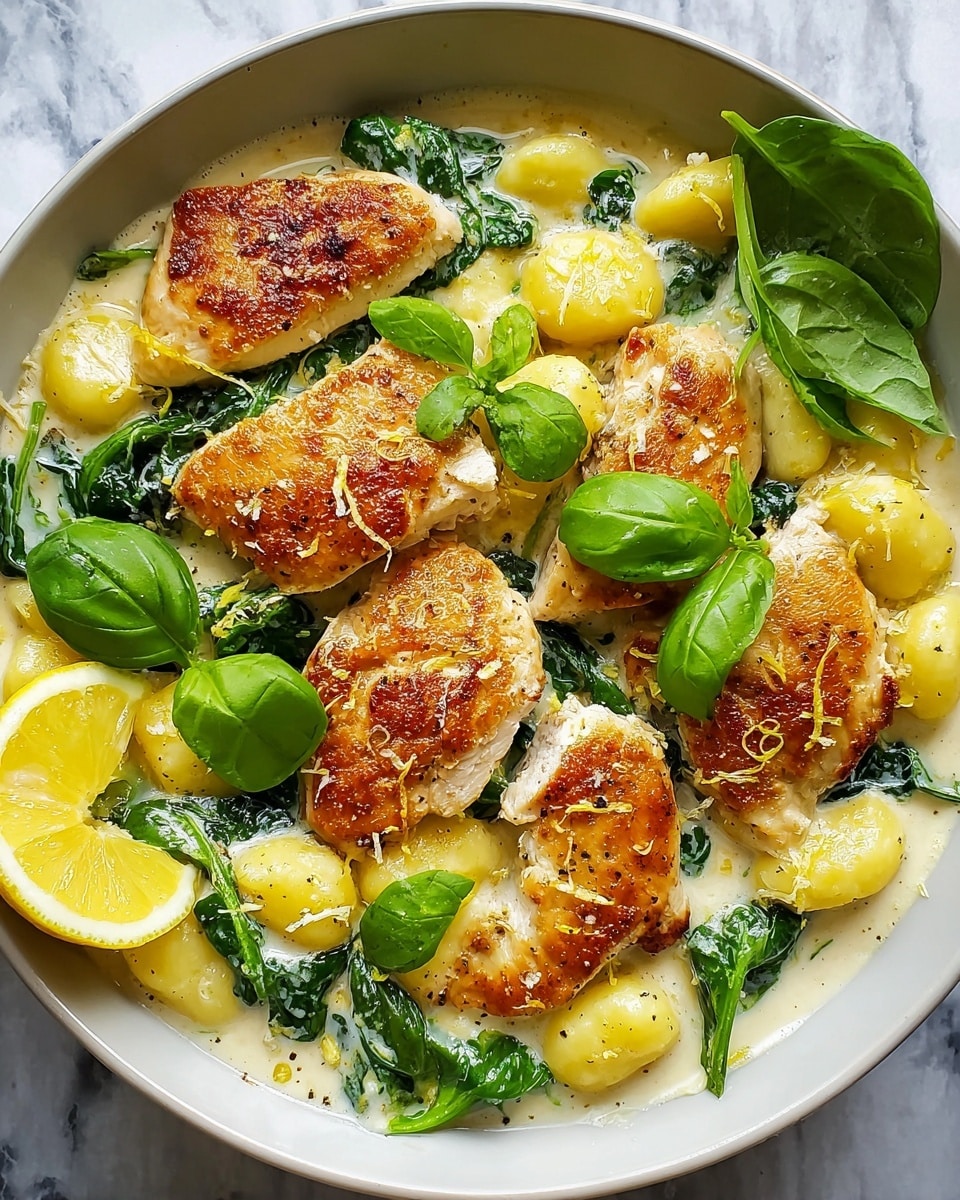 A white shallow bowl holds a creamy dish with three main layers: soft, golden-brown seared chicken pieces cut into thick slices arranged on top, plump yellow gnocchi browned in spots beneath the chicken, and vibrant green spinach leaves scattered throughout. Bright green basil leaves are placed on top for garnish, with small bits of lemon zest sprinkled over the dish, adding texture and color contrast. A lemon wedge sits on the side inside the bowl. The background is a white marbled texture. photo taken with an iphone --ar 4:5 --v 7