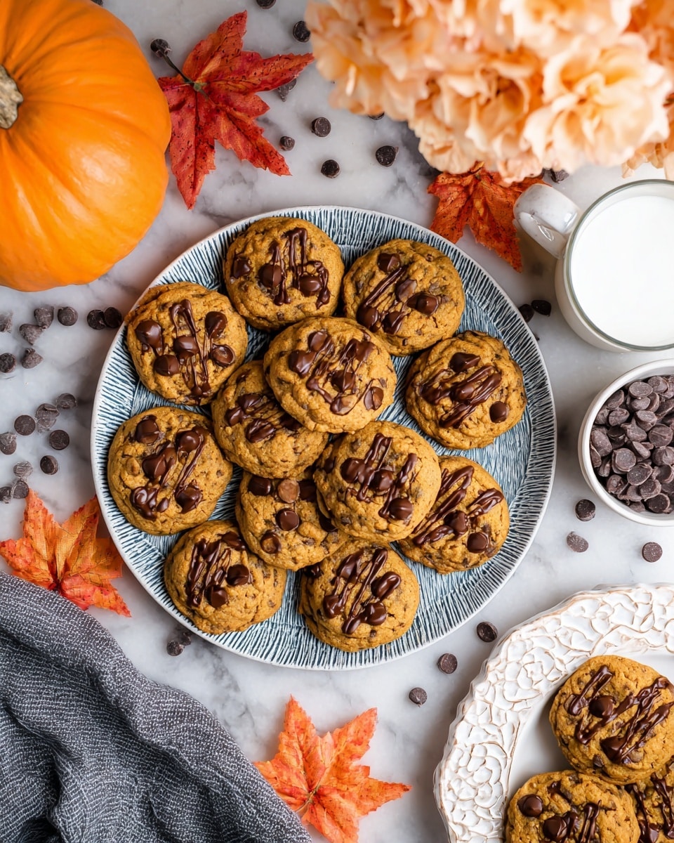 A close-up of a stack of soft pumpkin chocolate chip cookies with golden brown texture, dark melted chocolate chunks and chips scattered on top. The cookies have a slightly cracked surface showing moist layers inside, with one cookie on top having a bite taken out revealing the inner texture. Around the cookies, there are star anise and cinnamon sticks adding a warm fall feeling. In the background, there is a bright orange pumpkin and a glass of creamy drink on a white marbled surface. photo taken with an iphone --ar 4:5 --v 7